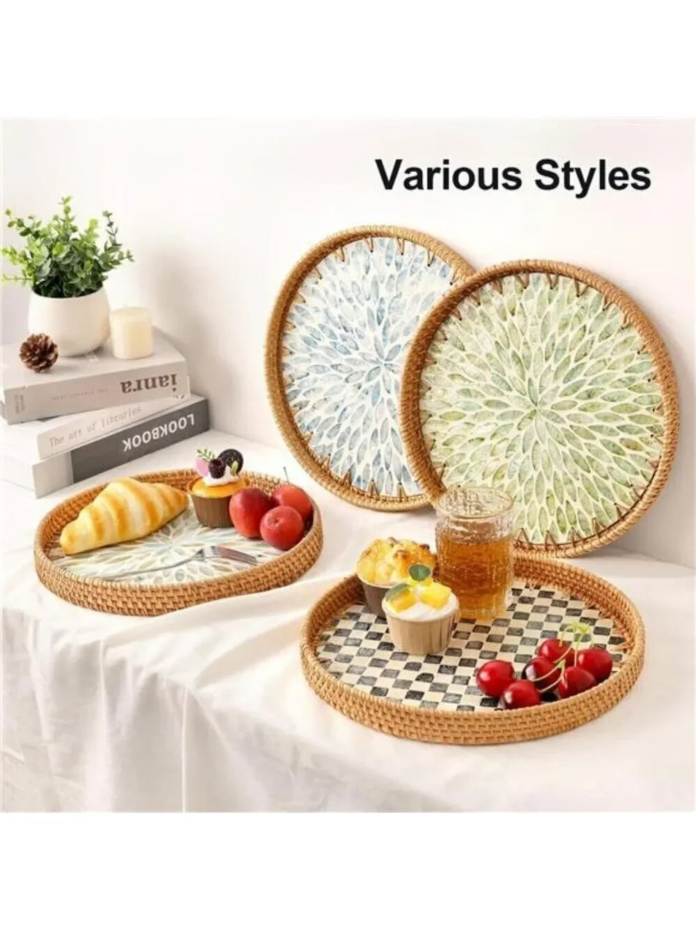 Round Rattan Tray Black Mother of Pearl Inlay Coffee Table Kitchen Decor